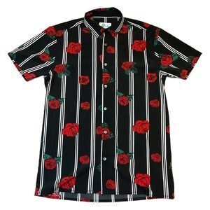 Men Roses Striped Woven Top Black White short sleeve button down shirt